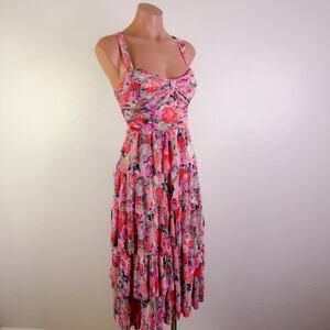 Floral Ruffle Tiered Midi Dress Pink Fairy Coquette Garden Cottagecore sz L NWT